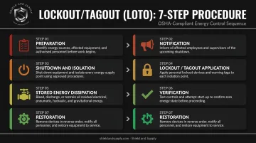 7-step LOTO procedure process flow from preparation to restoration