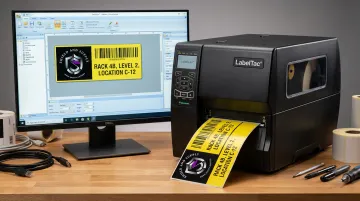 LabelTac printer and LabelSuite software interface generating warehouse rack barcode labels