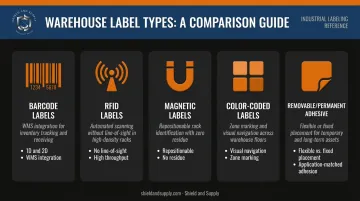 Five warehouse identification label types comparison chart with use cases and features