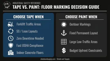 Floor marking tape versus paint application scenarios decision guide infographic