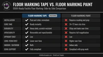Floor marking tape versus paint eight-factor side-by-side comparison chart