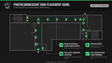 Photoluminescent sign placement guide showing egress route coverage map and key locations