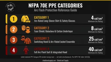 NFPA 70E PPE category arc rating comparison table four categories cal cm2