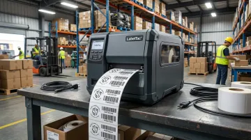 LabelTac industrial thermal transfer printer producing barcode labels in warehouse setting