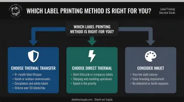 Three-path label printing decision framework flowchart for warehouse operations