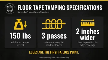 Floor tape tamping installation requirements showing weight passes and width specifications