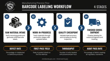 Manufacturing barcode labeling workflow from raw material intake to finished goods shipment
