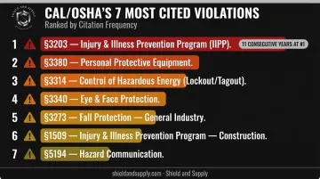 Top 7 most frequently cited Cal/OSHA violations ranked list infographic 2025