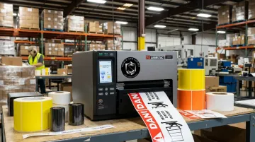LabelTac industrial label printer producing OSHA-compliant manufacturing facility signs