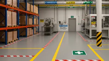 Industrial warehouse with safety labels pipe markers and OSHA compliance signage