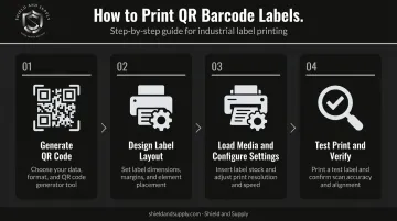 4-step QR barcode label printing process from code generation to batch printing