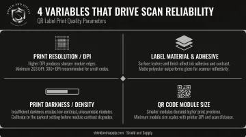 Four key QR barcode label print quality parameters DPI material darkness module size