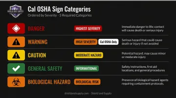 5 Cal OSHA accident prevention sign types with color codes and severity levels