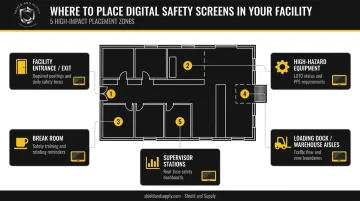 Five high-impact digital safety screen placement zones in industrial facility layout