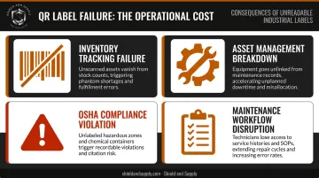 Four industrial label failure consequences including compliance safety and downtime risks