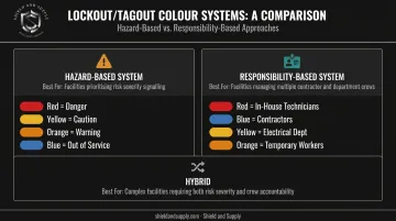 Hazard-based versus responsibility-based LOTO color system comparison infographic