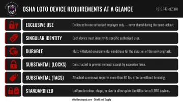 OSHA 1910.147 LOTO device compliance requirements table infographic