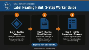 3-step worker GHS label reading process from pictogram to precautionary statement