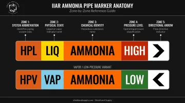 Five components of IIAR-compliant ammonia pipe marker anatomy diagram