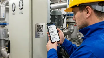 Industrial maintenance technician scanning QR code label on facility equipment