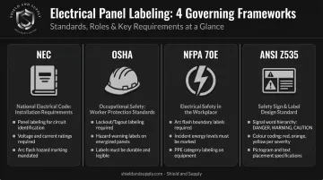 Four electrical panel labeling standards NEC OSHA NFPA 70E ANSI Z535 roles comparison