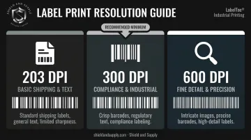203 DPI versus 300 DPI versus 600 DPI label print resolution comparison infographic