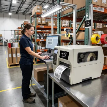 Warehouse worker designing barcode labels on a computer