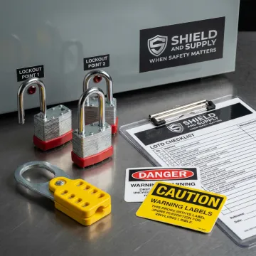 Lockout tagout procedure checklist beside labeled machinery