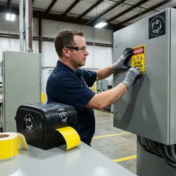 Worker applying lockout tagout label to industrial equipment