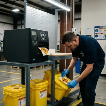 Worker applying biohazard compliance label
