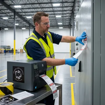 Worker applying lockout tagout labels to machinery