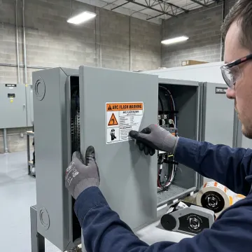 Technician applying arc flash label to electrical panel