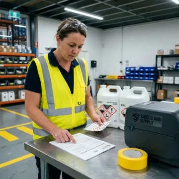 Safety manager reviewing bleach SDS and GHS labels