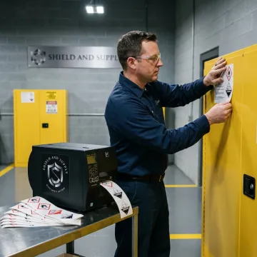 Safety manager labeling a chemical storage locker