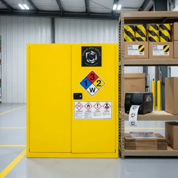Compliant chemical storage locker with safety labels
