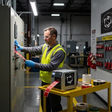 Worker applying lockout tagout safety labels in an industrial facility