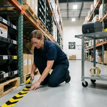 Safety manager applying OSHA labels in an industrial warehouse