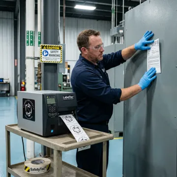 Worker applying compliant industrial safety label