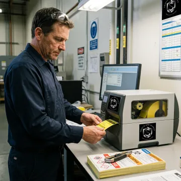Worker preparing industrial labels