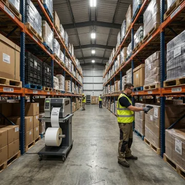 Warehouse barcode labels printed for distribution racks
