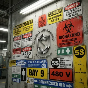 Biohazard safety labels in an industrial facility