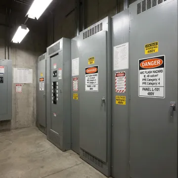 Arc flash safety labels in an industrial electrical room