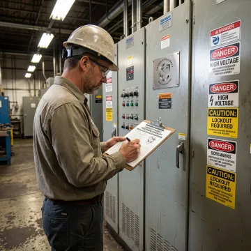 Safety manager reviewing lockout tagout labels and compliance checklist