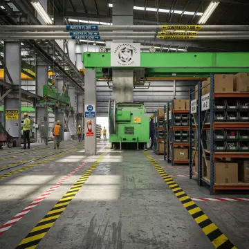 Organized industrial facility with OSHA safety signs and floor markings