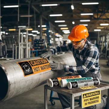 Worker applying an industrial safety label