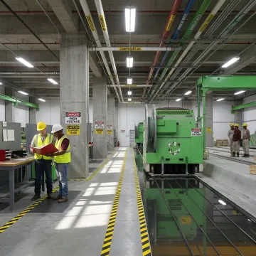 Industrial safety labels and floor markings in a warehouse