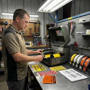 Worker printing industrial safety labels