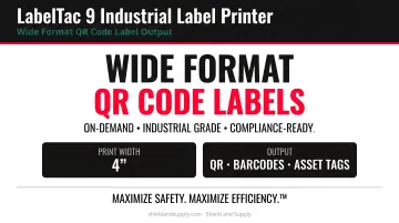 LabelTac 9 industrial label printer producing wide format QR code label