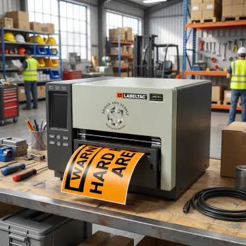 Warehouse worker designing barcode labels on a computer