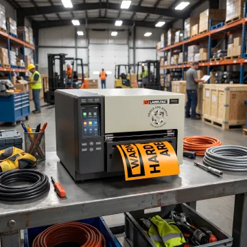 Safety manager applying OSHA labels in an industrial warehouse